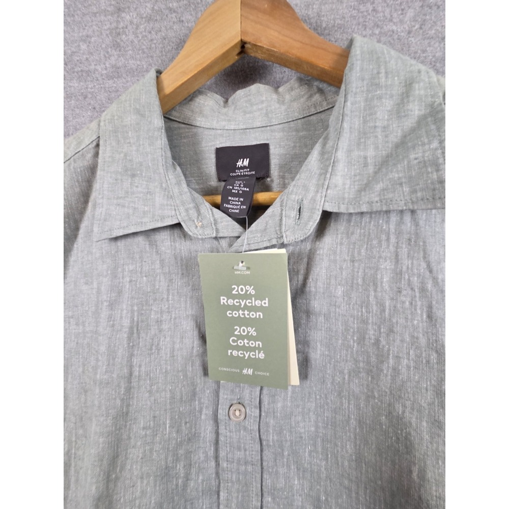 H&M Linen Blend Button Up Shirt L Slim Fit Green Texture Recycled Cotton NEW